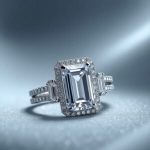 RÉVÉLIAA Emerald-Cut Halo Three-Stone Platinum Ring