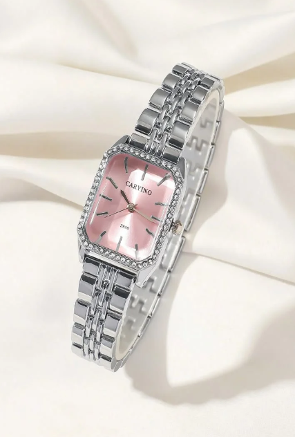RÉVÉLIAA Rectangular Pink Dial Crystal Watch